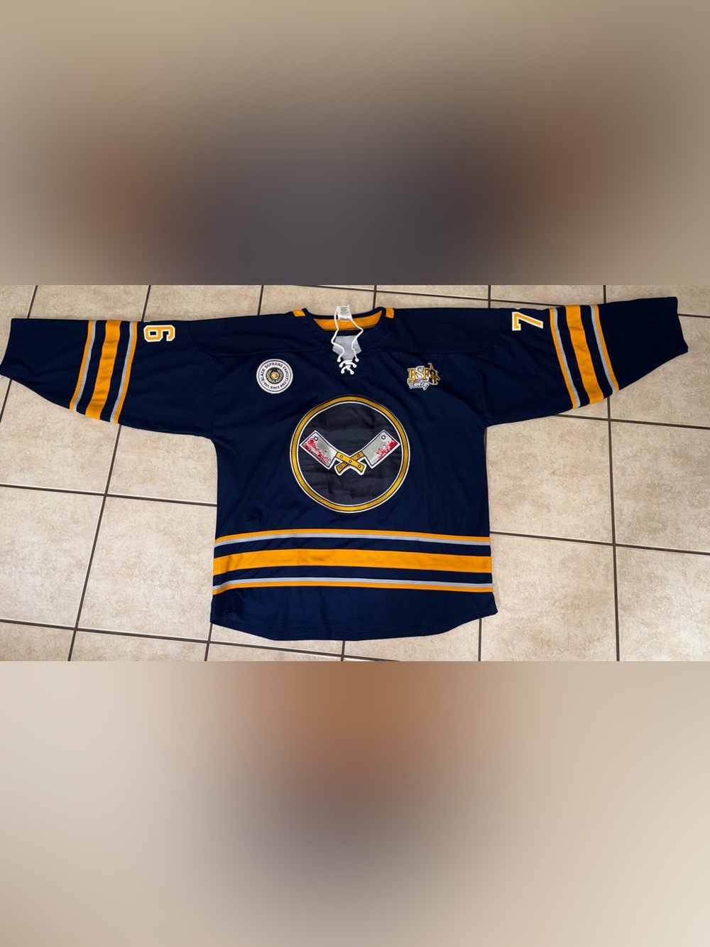 Athletic Knit (AK) Navy Hockey Jersey Benny the Butcher with Yellow Trim Rare XL